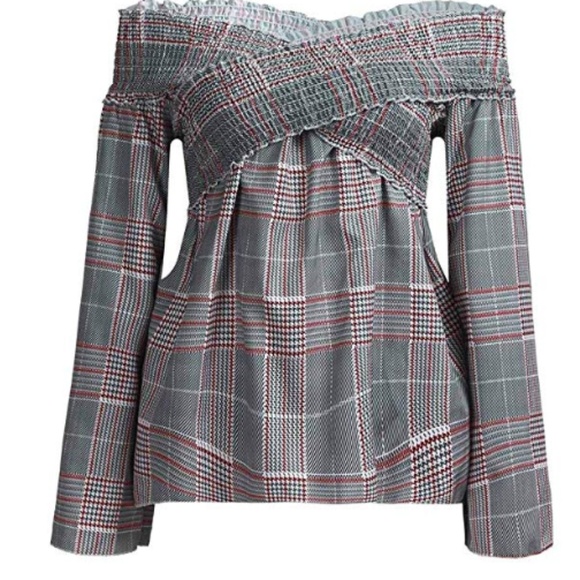 π€HPπ€ MELISSA Plaid Off Shoulder Blouse - Picture 7 of 8